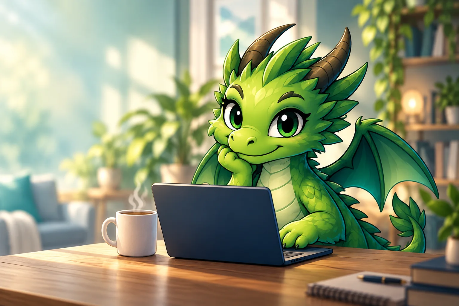 Ein freundlicher hellgrüner Drache begleitet dich am Laptop bei deinem Website-Projekt.